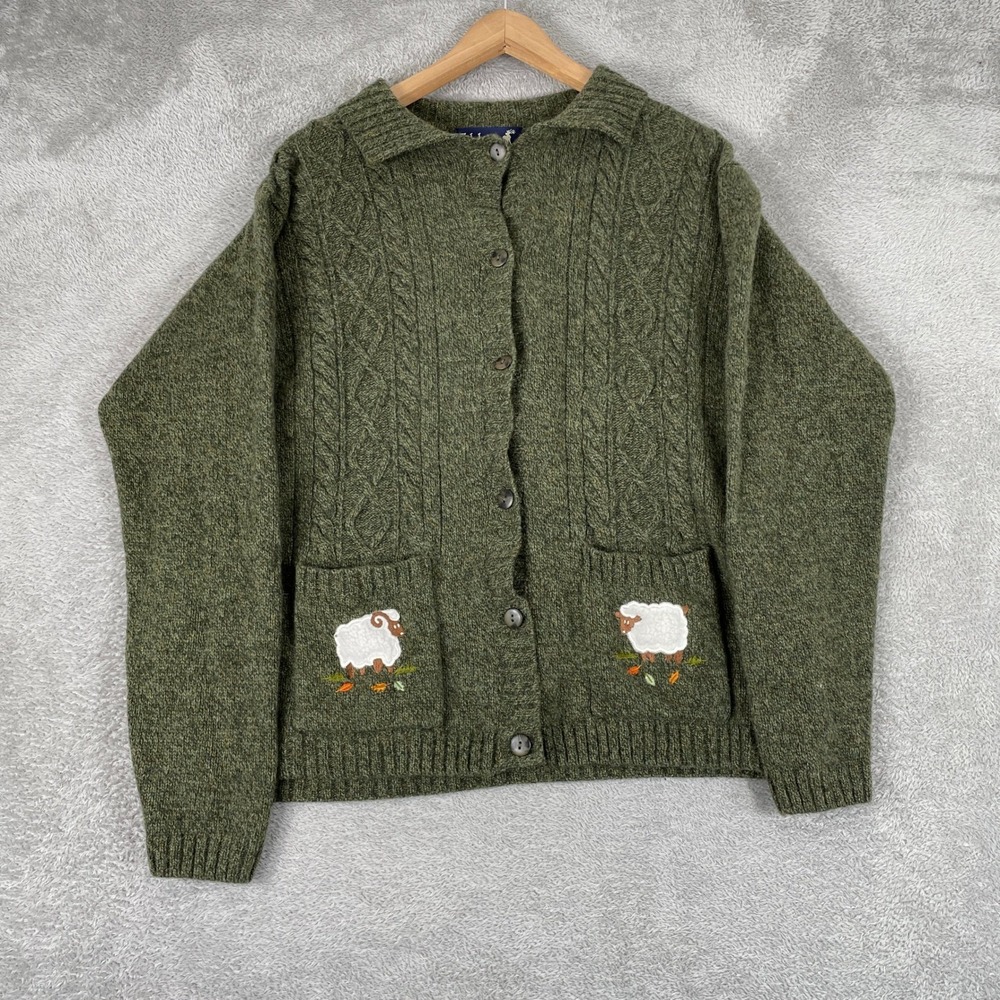 Tulchan Cardigan Womens XL Green Wool Sheep Cable Knit Cottagecore Sweater